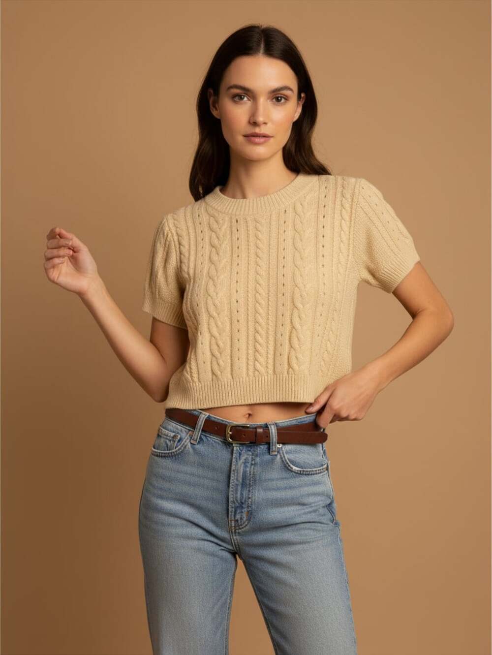 Intimately Free People Cream Cable Knit Short Sleeve Crop Sweater Top Women S